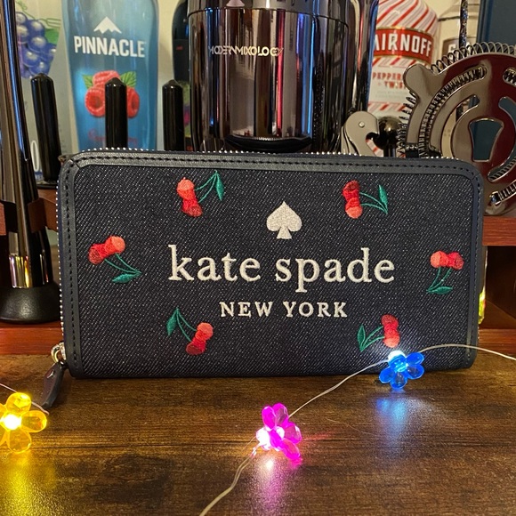 Kate Spade NWT blue multi colored embroidered denim cherry long wallet $135 - Picture 1 of 11